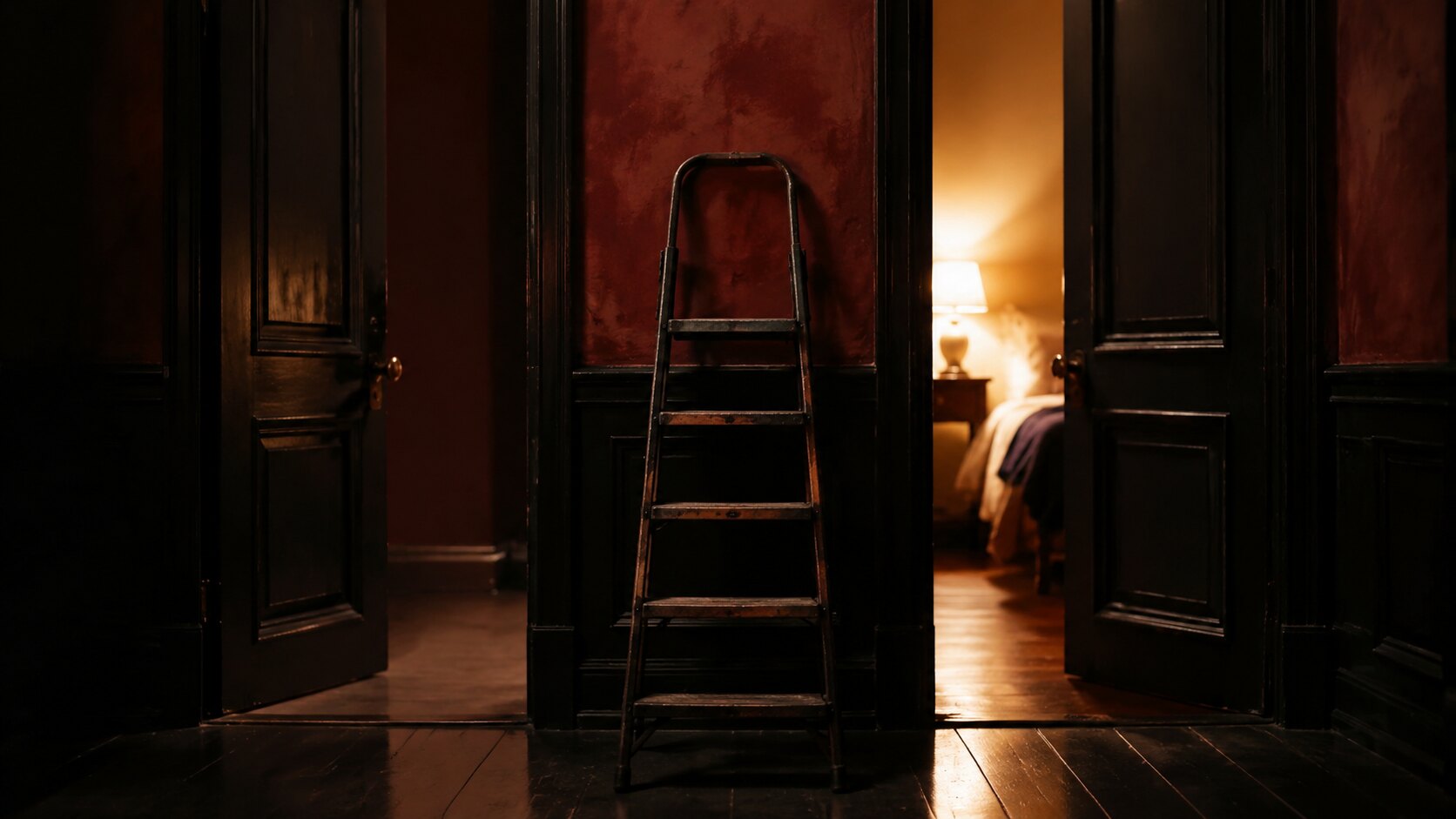 Escalera plegable entre dos puertas enfrentadas en un rellano iluminado de noche